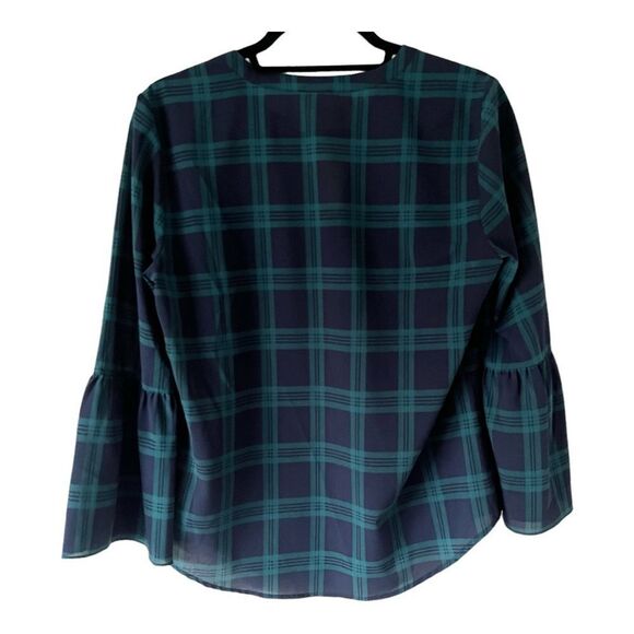 J. Crew Navy Green Tartan Plaid Semi Sheer V Neck 3/4 Bell Sleeve Blouse Small - Picture 2 of 8